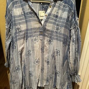 Free People White and Blue Boxy Tunic with Mandarin Collar